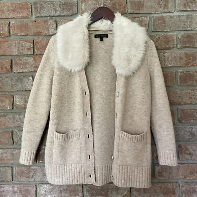 Cárdigan Suéter Banana Republic Marfil Cuello Piel Botón Lana XSP Petite XS Foto 1 de 3