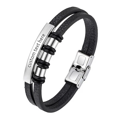 Pulsera de cuero con cuentas personalizadas de acero inoxidable para hombre brazalete grabado personalizado Foto 1 de 3