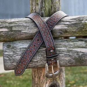 Hand-Tooled Leather Western Belt with Turquoise Polka Inlay - Artisan Crafted - Picture 1 of 6