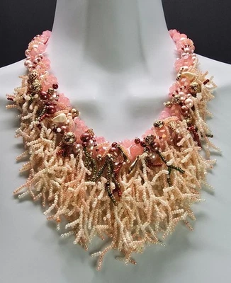 Juego de pendientes collar rosa crema cascada con cuentas inspirado en coral piedras preciosas artesanales Foto 1 de 4