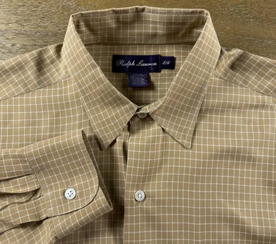 Ralph Lauren Purple Label Men's Long Sleeve Windowpane Tan White Collared Large - Image 1 of 4