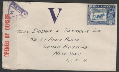 Birmania Ca 1940 Segunda Guerra Mundial Cubierta censurada con Sc 27 Perfin, a Nueva York Foto 1 de 2