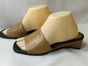 George Natural Leather Slip On Wedge Sandals Sz 8 Platform Heel - Picture 1 of 6
