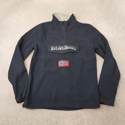 Napapijri Mens 1/4 Zip Fleece Medium Blue Navy Jumper Pullover Flag Logo - Image 1 of 4