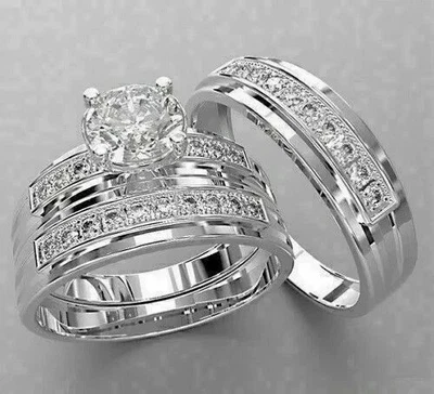 3Ct Round Cut Lab Created Diamond His &Her ENgagement Ring Set 14k White Gold FN - Image 1 of 3
