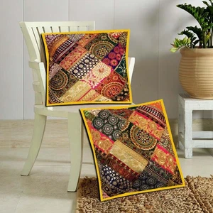 16"-2 Boho Cushion pillow covers throw Ethnic heavy patchwork sari beaded Square - Picture 1 of 11