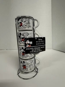 Set of 4 3oz Disney Mickey Mouse Stacked Ceramic Expresso Mugs in Wire Rack - Picture 1 of 4