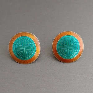 Vintage Enamel Earrings Chinese Symbol Blue Green Round Posts Coin 5/8” - Picture 1 of 6
