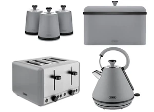 Tower Sera Grey Pyramid Kettle 4 Slice Toaster Breadbin & Canisters Matching Set - Picture 1 of 17