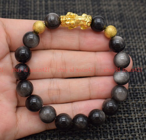 VALENTINO Moda 10 mm Perline Gemma Rotonda Pixiu Occhio Argento Ossidiana & Braccialetto Elastico Pixiu