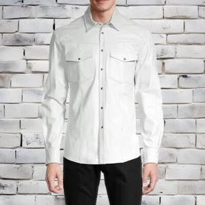 Men Genuine White Lambskin Leather Shirt Premium Full Sleeves Button Jacket - Picture 1 of 2