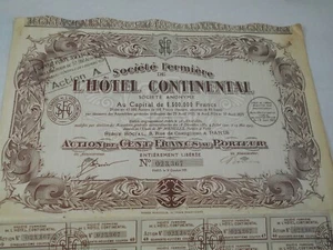 Vintage share certificate Stock Bonds Societe Fermiere Hotel Continental 1925 - Picture 1 of 3