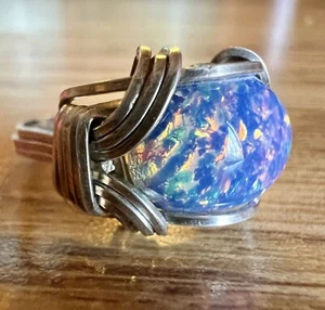 One Of A Kind Hand Wrapped Sterling Created Blue Fire Opal Cabochon Band Ring 8 - Picture 1 of 5