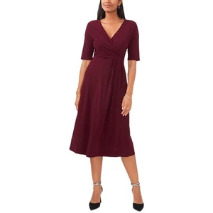 MSK Womens Red V-Neck Short Sleeve Faux Wrap Midi Dress Petites PM BHFO 6324 - Picture 1 of 2
