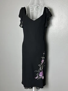 Dressbarn Vintage Black Dress Size 10 Knee High Floral Embroidery Slit Sleeves - Picture 1 of 11