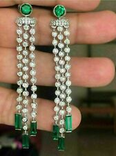 Victorian Edwardian Elongated Earrings 14K White Gold 2.1Ct Simulated Emerald