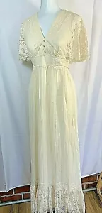 Vtg 70's Wedding Maxi Dress Ivory Gauze Lace Regency Empire Romantic Junior’s 7 - Picture 1 of 10