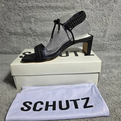 Schutz Blair Black Rope Ankle Strap Square Toe Block Heels Sandals 9.5B NEW - Image 1 of 4