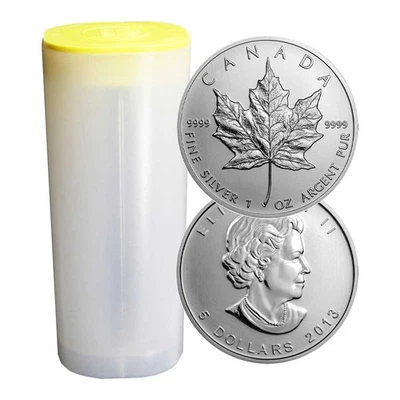 Rollo de 25 - 2013 $5 hoja de arce canadiense de plata 1 oz brillante sin circular Foto 1 de 3