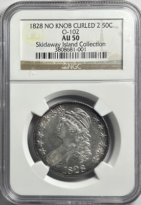 Коллекция 1828 50C Curl Base 2, No Knob, O-102, R.2 AU50 NGC Skidaway Island - Изображение 1 из 2