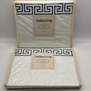 2- Southern Living Greek Key King Sham, Embroidered, Navy Blue, White, Cotton - Picture 1 of 7