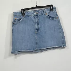 Moto Lightwash Denim Mini Skirt Raw Hem Women's Size 8 - Picture 1 of 3