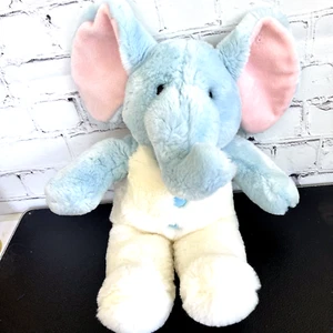 Elephant Stuffed Animal Jumpers Blue White RATTLE Russ Berrie 14” Plush Vintage - Picture 1 of 12