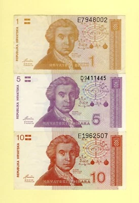 CROATIA 1, 5 and 10 DINARA P-16, P-17 and P-18 DINARA 1991 VF++ - Image 1 of 3