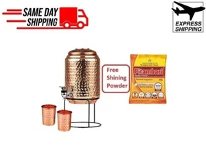 5 Ltr Copper Water Dispenser Tank Pot + 2 Copper Glass & Stand +Free Pitambari - Picture 1 of 3