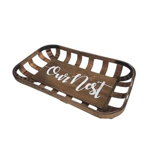 Tobacco Basket Tray Sign Our Nest Rustic Decorative Wall Hanging Wicker Wood - Picture 1 of 13