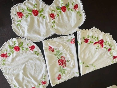 Linen Lot Floral Raised Embroidery Hand Embroidered Tablecloth Runner & Toppers - Image 1 of 4