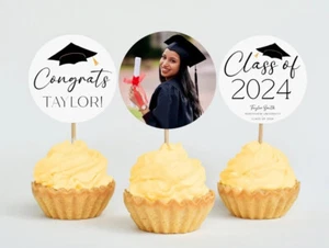 Congrats Graduation Cupcake Toppers w/ Your Photo - Picture 1 of 2