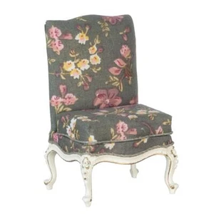 Puppenhaus Slipper Stuhl Grau Blumenmuster JBM Handbemalt Weiß Akzent Möbel - Bild 1 von 8