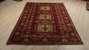 7x10 CAUCASIAN KAZAK GEOMETRIC VEGETABLE DYE HANDMADE KNOTTED WOOL RUG 586501 - Picture 1 of 7
