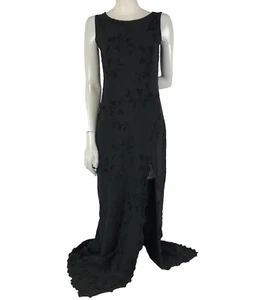 Intangible Dress Black Size 10 Vintage 90s Bodycon Formal Thigh Slit Flock Leaf - Picture 1 of 12