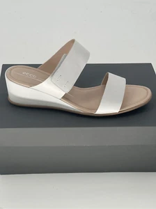 Ecco Sandal Wedge Slip On Women Size 10 - 10.5 White Leather Adjustable New - Picture 1 of 12