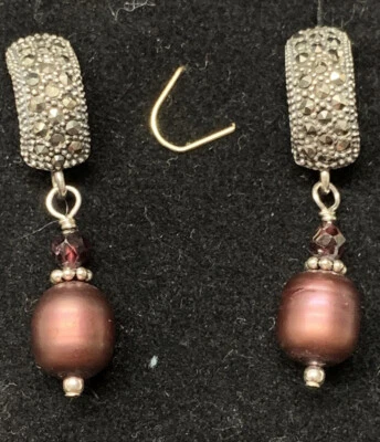 Vintage Sterling Silver Marked Cultured Brown Pearl Dangle Drop Curved Earrings Foto 1 de 4