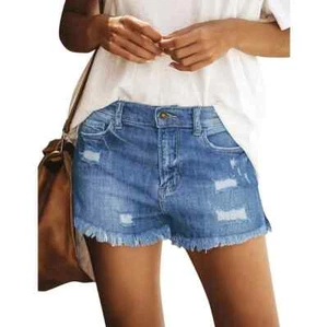 pantaloni corti pantaloncini donna jeans denim frange blu azzurro 8268 - Foto 1 di 7