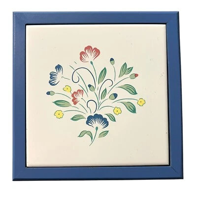 Azulejo de cerámica floral pintado a mano arte de pared marco de madera azul decoración del hogar vintage Foto 1 de 4