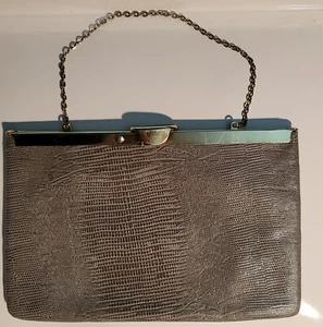 Vintage 50s-60s Etra Genuine Leather Taupe Clutch Lizard Pattern - Picture 1 of 12