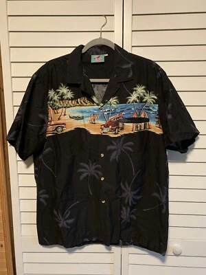 Винтажная гавайская рубашка нефритовой моды мужская большая хлопковая доска для серфинга деревянная автомобильная ладонь США - Изображение 1 из 4