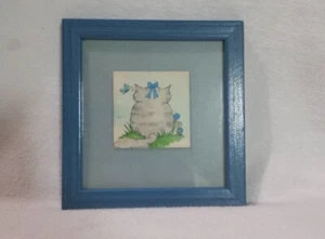 Vtg Diana Barnes Sweet Cat Drawing Framed Art Print Matte & Frame Blue - Picture 1 of 3