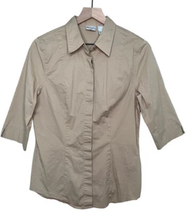 Vintage 80s Spiegel Button Down Collar Shirt Blouse Tan Khaki Top Size 14 - Picture 1 of 6