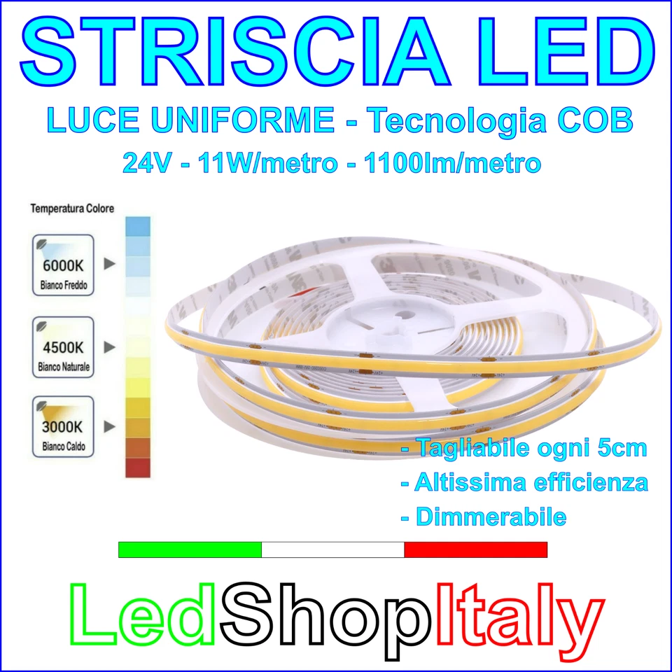 Striscia LED COB 24V 11W/m 5m Altissima Luminosità (1100lm/mt) Luce uniforme - Immagine 1 di 3
