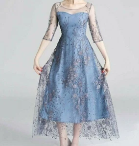 Lapentry blau & grau Blumen bestickt-Overlay Maxi Mädchen Kleid Gr. L - Bild 1 von 1