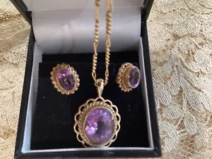 Amethyst pendant and earrings, with oval mixed cut Amethyst 9ct gold - Picture 1 of 8