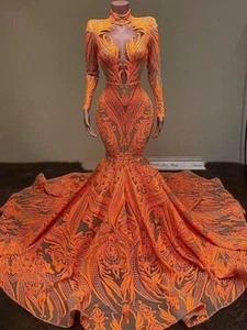 Orange Sequined Long Sleeve Mermaid Prom Evening Party Dress Pageant Gala Gown - Picture 1 of 5