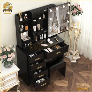 Black Dressing Table Stool Set With Sliding Mirror 6 Shelves Makeup Vanity Desk - Picture 1 of 10
