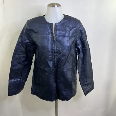 Susan Graver Jacket XS Faux Leather Blue Metallic Full Zip Solid Pleather - Image 1 of 4