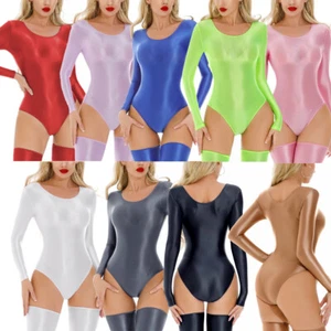 Women Shiny Oil Glossy Bodysuit Long Sleeve Sport Yoga Leotard Jumpsuit Swimwear - Picture 1 of 68